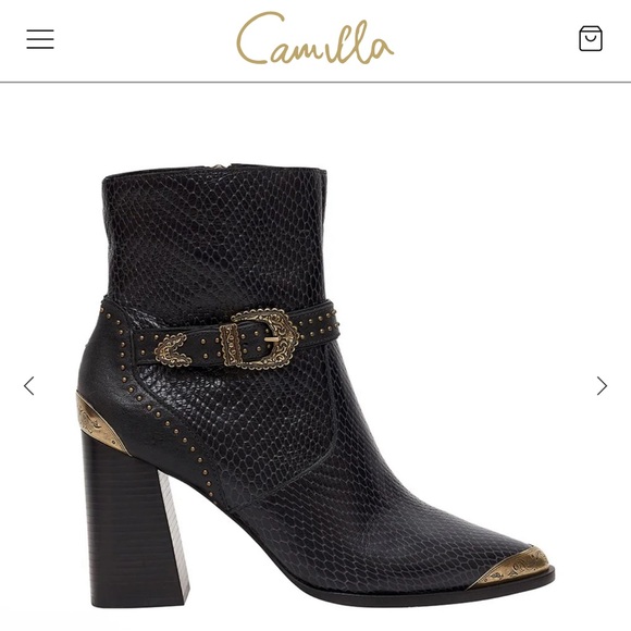CAMILLA Block Heel Buckle Boot Shes Got Grace Black gold captoe Leather 37/ 7